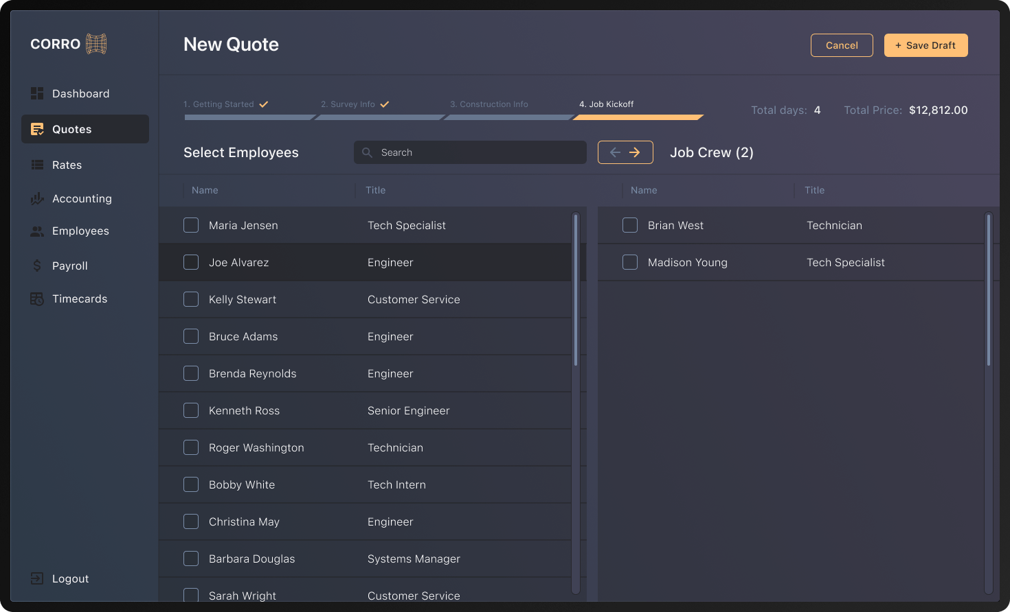 job kickoff screen