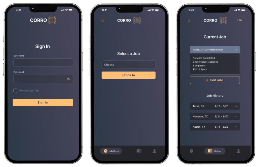 corrosion mobile app screens